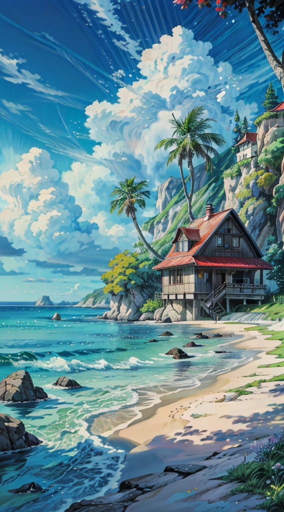 a painting of a house on the beach, ross tran. scenic background, anime scenery, wallpaper anime blue water, anime landscape, blue sea. by makoto shinkai, anime painting, ocean background setting, anime background art, anime nature, magical beach, fantasy sea landscape, anime landscape wallpaper, anime nature wallpap, beautiful anime art, by RHADS, realistic ocean, 4k hd,, beautiful art uhd 4 k, a beautiful artwork illustration, beautiful digital painting, highly detailed digital painting, beautiful digital artwork, detailed painting 4 k, very detailed digital painting, rich picturesque colors, gorgeous digital painting, no human