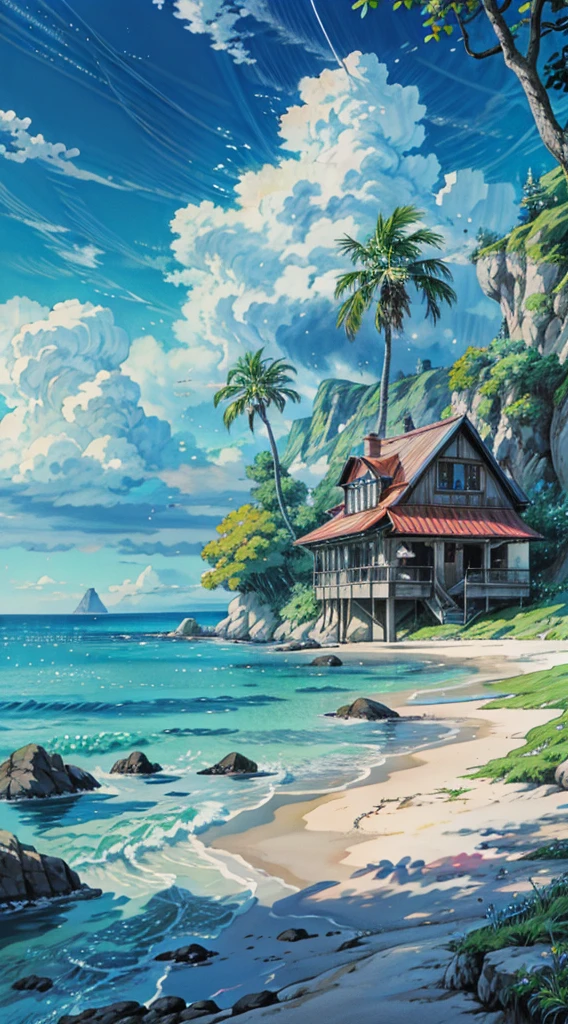 a painting of a house on the beach, ross tran. scenic background, anime scenery, wallpaper anime blue water, anime landscape, blue sea. by makoto shinkai, anime painting, ocean background setting, anime background art, anime nature, magical beach, fantasy sea landscape, anime landscape wallpaper, anime nature wallpap, beautiful anime art, by RHADS, realistic ocean, 4k hd,, beautiful art uhd 4 k, a beautiful artwork illustration, beautiful digital painting, highly detailed digital painting, beautiful digital artwork, detailed painting 4 k, very detailed digital painting, rich picturesque colors, gorgeous digital painting, no human
