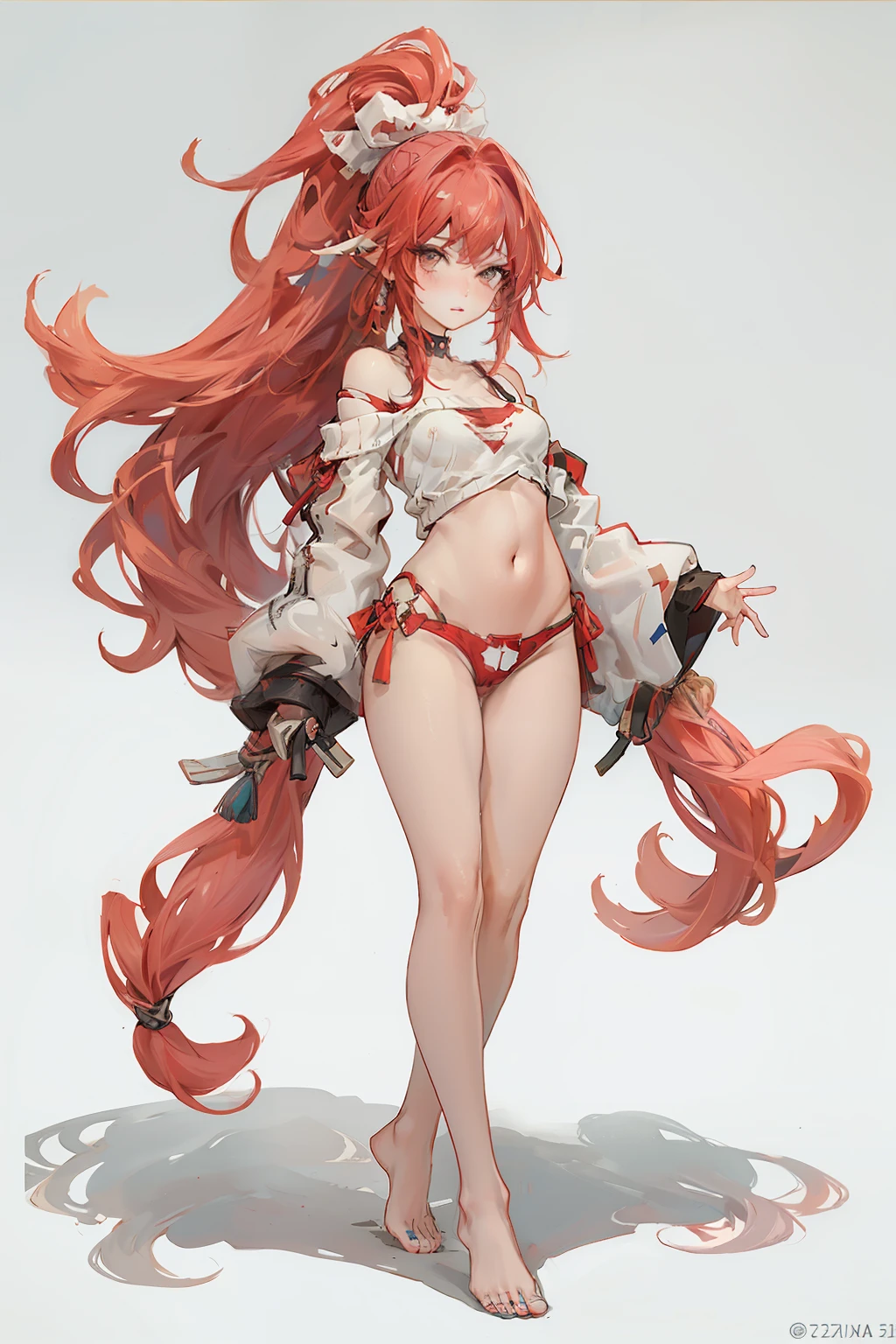  ((best quality)), ((masterpiece)), (detailed), 1girl, off-shoulder sweater, NSFW, small breasts, prominent collarbones, skinny arms, flat stomach, visible hip bones, long hair, ponytail, thick ponytail, heavy ponytail, red and white clothing, full body, whole body, body, NSFW, full body, whole body, head-to-toe NSFW 