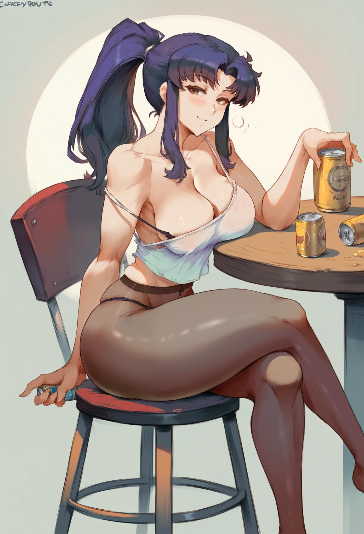 Cutesexyrobutts style, 1girl, katsuragi_misato, breasts, solo, can, beer_can, sitting, purple_hair, crossed_legs, large_breasts, looking_at_viewer, ponytail, stool, beer, long_hair, holding_can, alcohol, holding, strap_slip, pantyhose, drunk, underwear, panties, camisole, full_body, smile, legs, crop_top, table, brown_eyes, thighs, cleavage, from_side, bare_shoulders, no_pants, blush