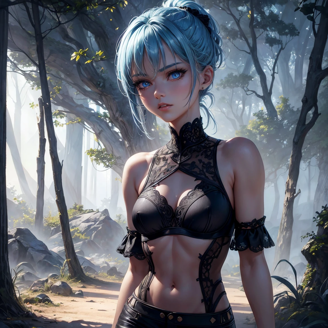 (quality)), ((masterpiece)), Recommended results、Puffy nipples、(see through:1.5)、straighten your back、abdominal muscles、huge bust、angle to floor:1.2、low camera angle、Hair loss on crotch,Hatsune Miku,(最好的quality,4K,8k,high resolution,masterpiece:1.2),Super detailed,(actual,lifelike,photorealistic:1.37),woman,Turquoise eyes sparkle,rainbow colored hair,cast glow spell,mysterious forest,illustration,Charming atmosphere,bright colors,soft light