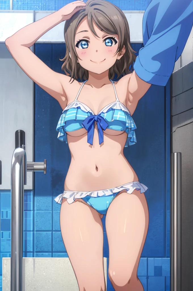 (((pixel-perfect, detail-perfect))), solo, 1girl, you watanabe, eyes azzur, smile, bikini, pool, armpit, big filesize, ultra High Qality