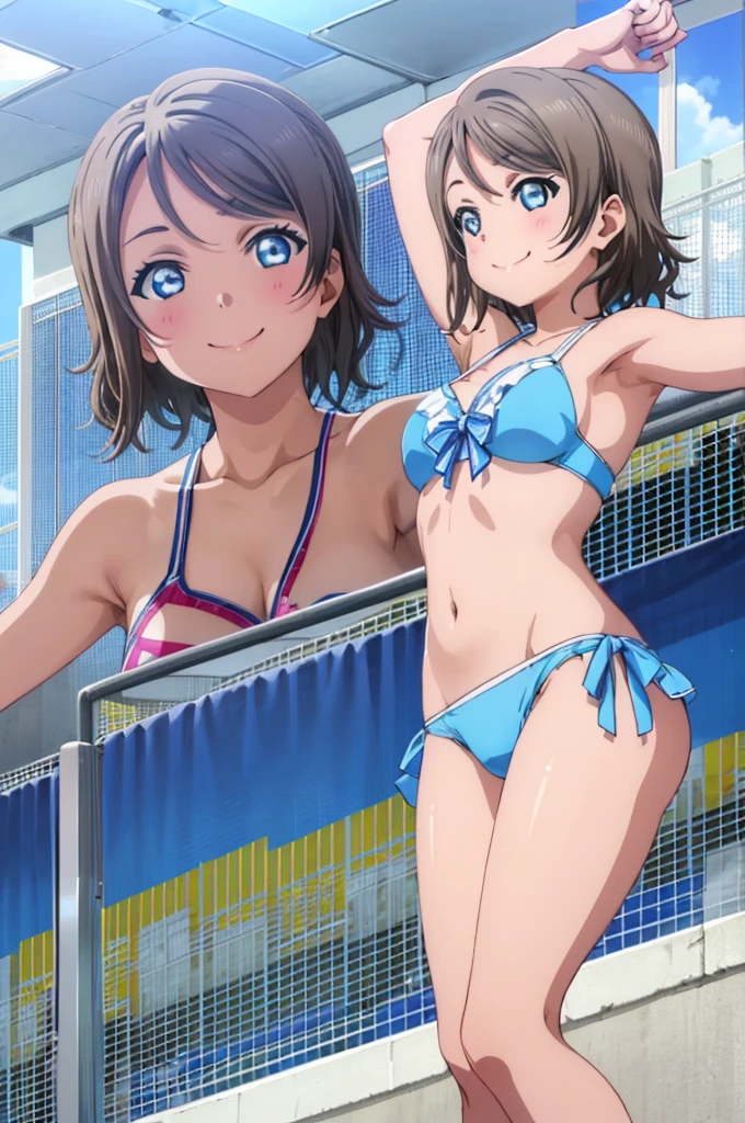 (((pixel-perfect, detail-perfect))), solo, 1girl, you watanabe, eyes azzur, smile, bikini, pool, armpit, big filesize, ultra High Qality