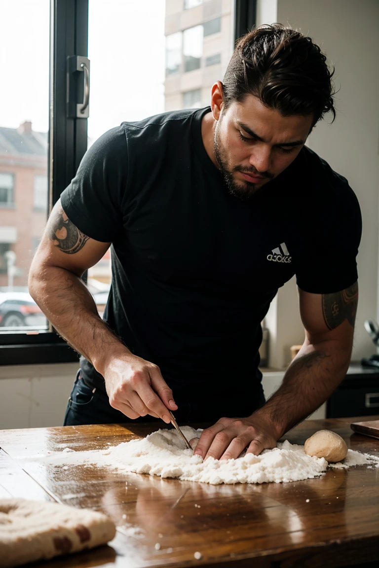 Real image of a latin model man with short black hair athletic body, short beard, kneading a dough on a table with flour. window light.