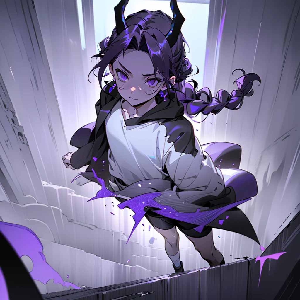 boy, thoughtful look, open forehead, black and purple hair braided into a ponytail on the left side in a bun. small curly black horns wrapped in white ribbon, pale violet eyes, short dark purple shorts. Long white t-shirt. dark purple knee socks. dark purple hooded robe. dark corridor with stairs, rays of light fall from above