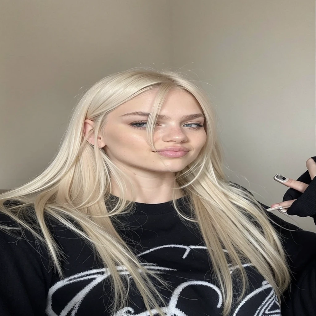 Blonde 16yo woman with long hair taking a selfie, chica perfecta de pelo blanco, extremely pale blonde hair, ava max, very very pale blonde hair, pelo largo y blanco y flequillo, Cabello largo rubio platino, su cabello es blanco, una chica con cabello rubio, pelo largo y rubio y ojos grandes, con pelo largo y rubio, chica con pelo blanco, blanco - pelo rubio