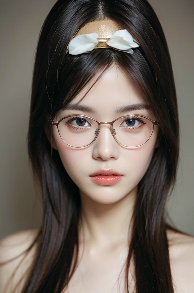 Beauty,wear glasses,close up,Exquisite and accurate facial features,The eyes are sharply focused,Long hair,8K,Best quality,High Definition,Super Fine,Hyperrealism,Photo effects,Rich in details,Meticulous portrayal