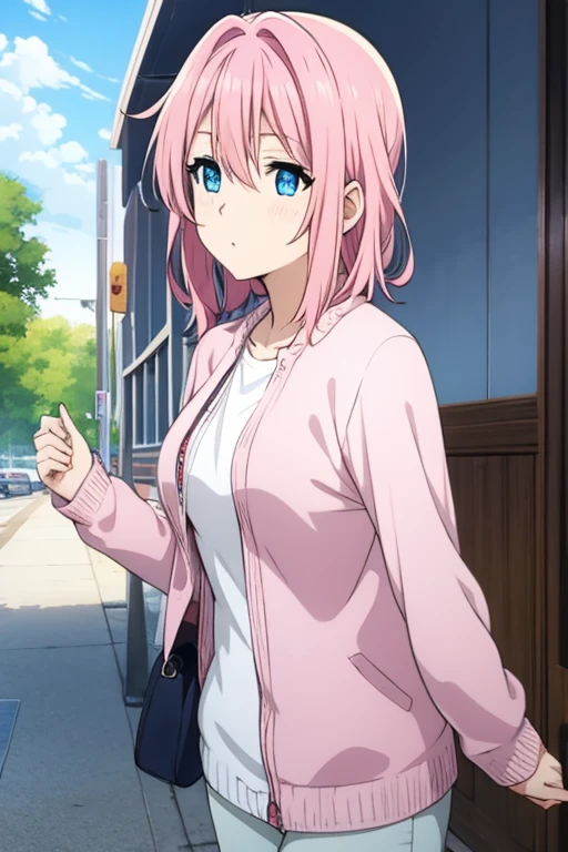 Pink hair, blue eyes, normal clothes