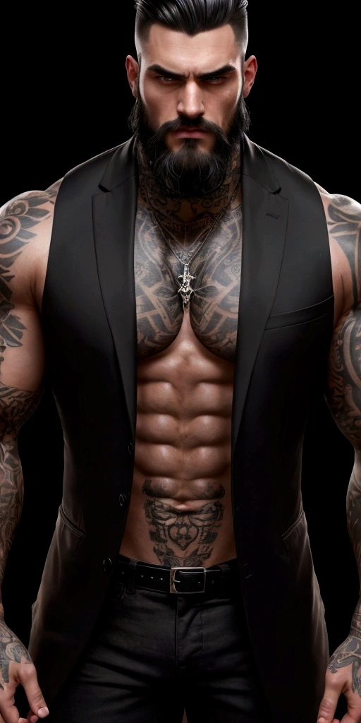 a muscular tattooed man,1 meter 80 tall,wearing a black dress shirt,black jeans,black jacket,low cut hairstyle,beard,detailed realistic portrait,dramatic lighting,cinematic composition,highly detailed Put his shirt closed ( He is wearing a black dress shirt
