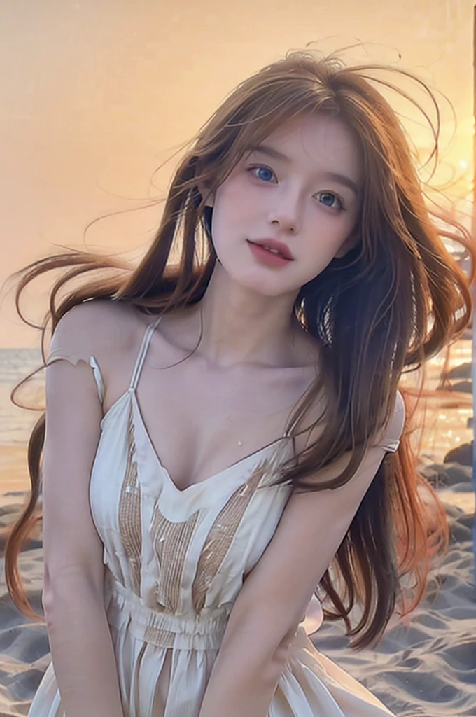 realistic,photorealistic,highly detailed portrait of a beautiful woman on the beach,long flowing brown hair,striking blue eyes,full lips,delicate facial features,wearing a white sundress,standing in the sand with the ocean in the background,golden hour lighting,soft warm colors,cinematic composition,8k,masterpiece,professional photography