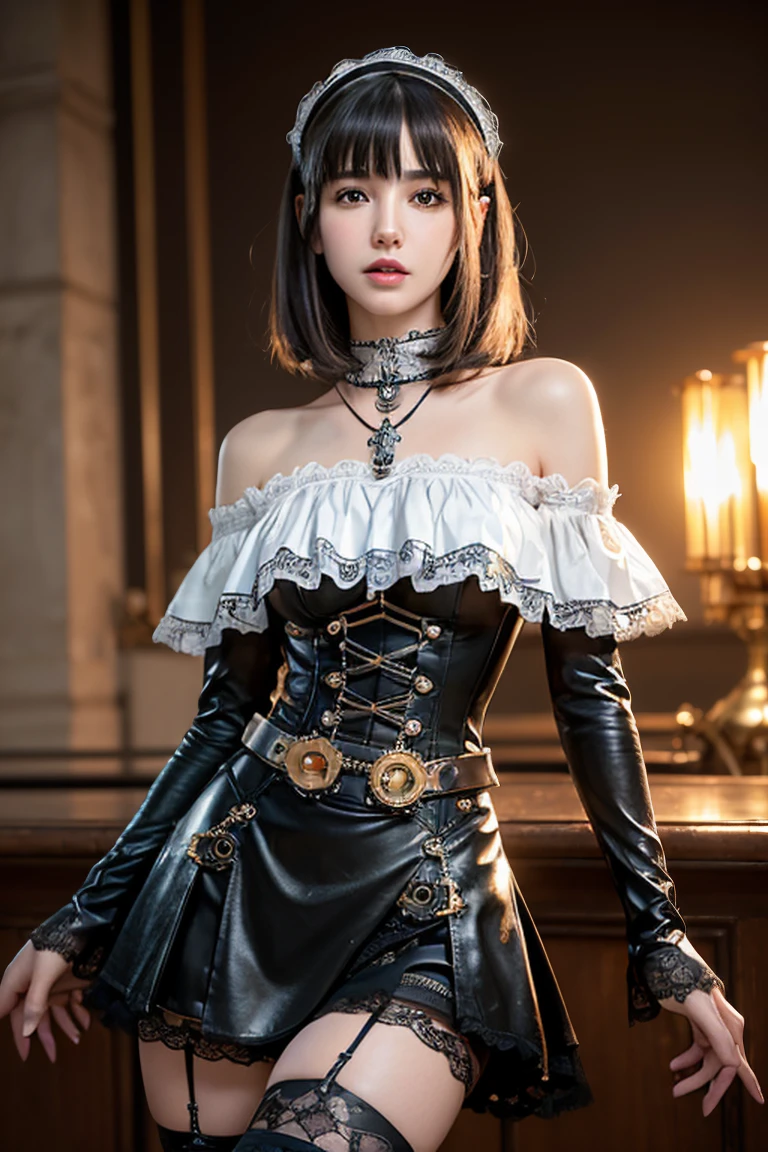 "Aerith Gainsborough In 4K resolution, a beautiful woman with long curly hair rides a silver-chrome black metal Honda CB750F Superbike -like motorbike, dressed in leather pants and a stunning pin-up dress. (((masterpiece, highest quality, Super detailed))), 1 female, (((very thin body))) , (((length, thin legs))), (((black short bob, thick fluffy bangs ))), (((highly detailed face))), No cosmetics, small and thin nose, thin mouth with small lips, (((Very sharp focused eyes))), Precise pale gray eyes with large slits, shine like a jewel, length eyelashes, ((Highly decorative intricate mechanical steampunk fashion, Lace Flare Mini Skirt, above the knee lace stockings, Lace Off Shoulder Lolita Fashion, Overly decorative fashion)), Abandoned Night, Complex mechanized steampunk factory catches fire and explodes, (((Overall accuracy has been dramatically improved, creating a Super detailed and realistic image))), super realistic photos, (((steampunk gun)))."