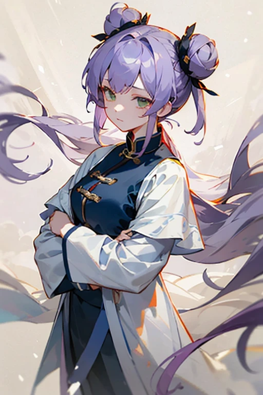 a masterpiece, best quality, young girl, the expression is cold, strong, with hair that combines two buns and a long loose part, two buns hair, her hair is light purple, simple black and white Taoist Taoist uniform, long black eardrop, Chinese mix morden, light purple hair, frontal photo, blank background, green eyes, light purple hair, light purple hair, white and blue clothes, white and blue outfit, dark blue, very light purple hair