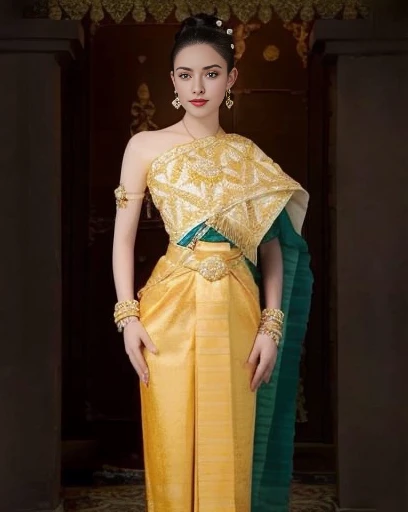 Aarav woman in a gold dress, with a gold crown and a gold necklace., Dilraba Dilmurat, Beautiful Fantasy Empress, traditional beauty, beautiful female princess, Southeast Asia that has existed for a long time, ((Beautiful Fantasy Empress)), Princess of an ancient Asian dynasty, Chinese princess, Thai girl anime, Southeast Asians with round faces, Nivan Chandra Woman Aarav in a golden dress stands in front of a building., Sukhothai dress, Dilraba Dilmurat, traditional beauty, Wear elegant clothes, traditional this tradition, Wear luxurious clothes, this tradition, Traditional clothing, Thai girl anime, traditional outfit, According to Thawan Duchanee's style, Wear a luxurious silk dress, Thai art, Traditional clothing สาวเอเชียที่สวยงาม,stereoscopic 8k,45 high quality colored lights,000,000,000 pixels, photo, post-trade photo, animation, beautiful portrait