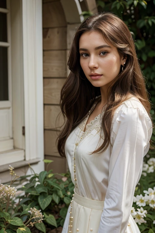 best quality, 4k, 8k, highres, masterpiece:1.2), ultra- detailed, (realistic, photorealistic, photo -realistic:1. 37), woman, full body, long black hair, detailed face, woman with long brown hair and perfect face), por trait sophie mudd, thick ash brown hair and large ey es, extremely beautiful face, aquiline nose, glossy II ps, anna nikonova aka newmilky, very pretty model, very pretty face, very beautiful girl, beautiful model girl, dasha taran, beautiful model, very beautiful fac e, beautiful girl model, flawless face, ultra beautiful A model poses In the garden, she wears a soft lavender blouse with delicate lace trim, paired with a flowing, cream-colored skirt that brushes against her ankles. Her hair, a cascade of golden waves, is partially pinned back with a pearl-studded clip. A pair of simple, elegant pearl earrings completes her look, adding a touch of sophistication as she moves gracefully among the blooming flowers.