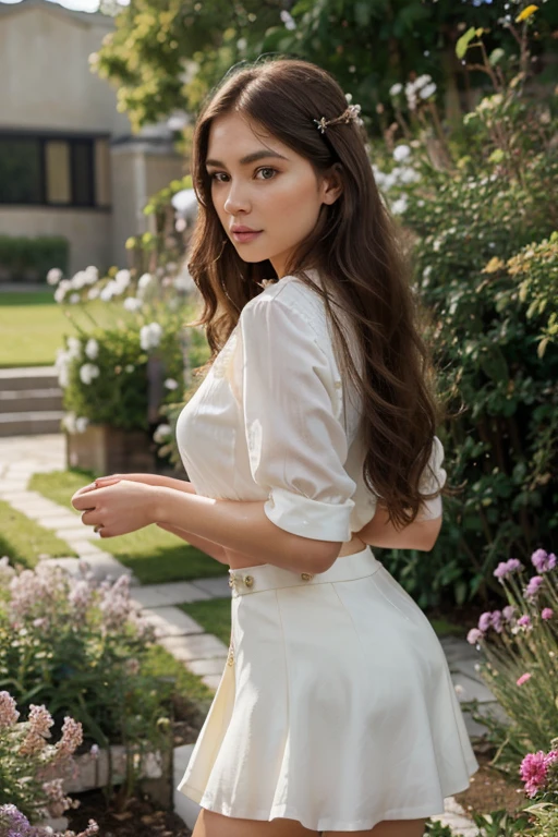 best quality, 4k, 8k, highres, masterpiece:1.2), ultra- detailed, (realistic, photorealistic, photo -realistic:1. 37), woman, full body, long black hair, detailed face, woman with long brown hair and perfect face), por trait sophie mudd, thick ash brown hair and large ey es, extremely beautiful face, aquiline nose, glossy II ps, anna nikonova aka newmilky, very pretty model, very pretty face, very beautiful girl, beautiful model girl, dasha taran, beautiful model, very beautiful fac e, beautiful girl model, flawless face, ultra beautiful A model poses In the garden, she wears a soft lavender blouse with delicate lace trim, paired with a flowing, cream-colored skirt that brushes against her ankles. Her hair, a cascade of golden waves, is partially pinned back with a pearl-studded clip. A pair of simple, elegant pearl earrings completes her look, adding a touch of sophistication as she moves gracefully among the blooming flowers.