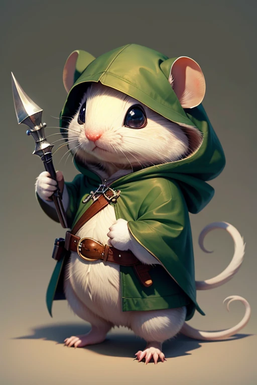 solo, white mouse, wearing green hooded cape, belt with pouch, holding a rapier, cute, realistic mouse