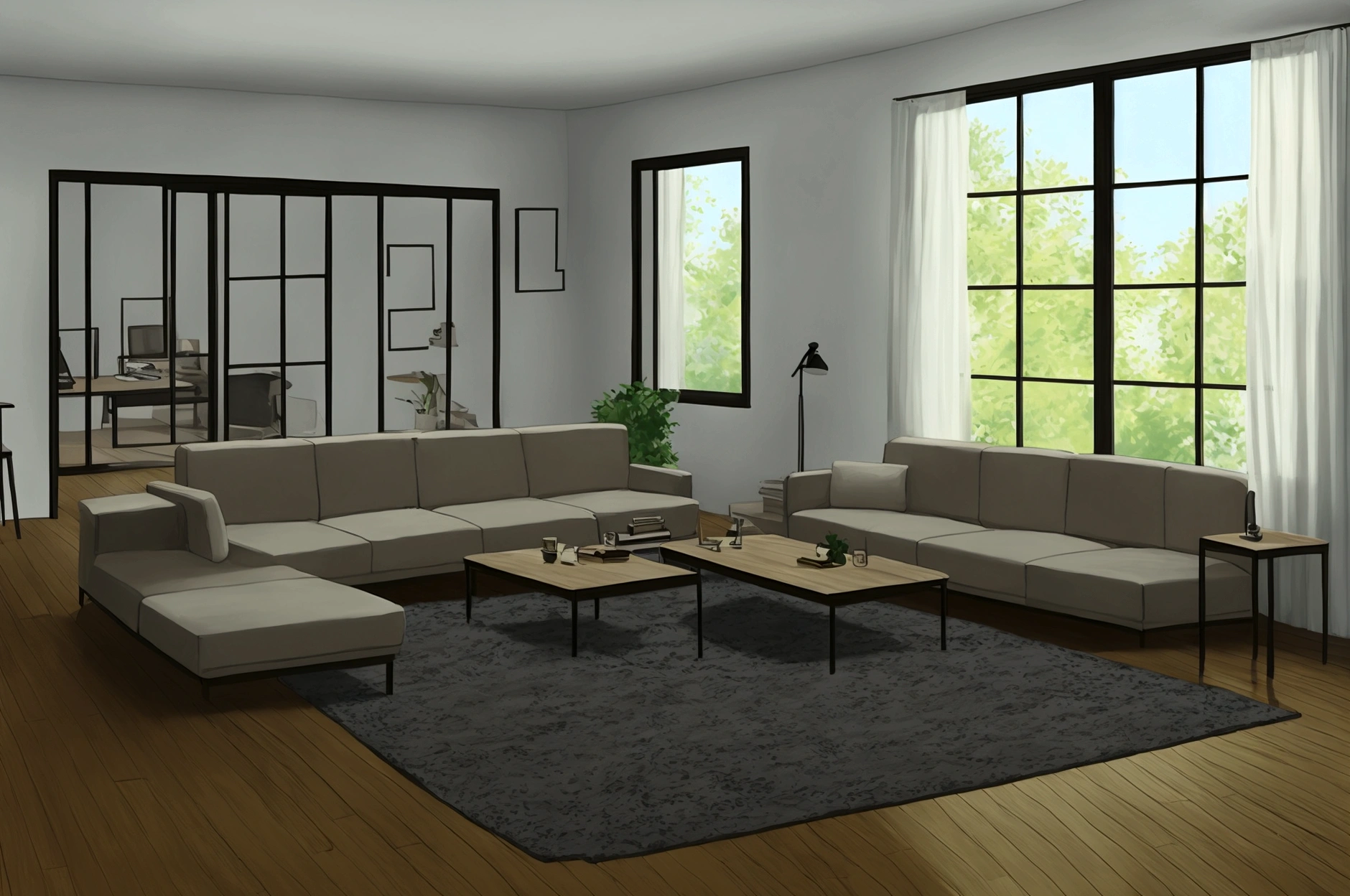 a photo of a modern black leather couch with brown and beige pillows in the corner of an empty living room, wooden floors, large abstract art on the wall above the sofa, a small dark gray rug with tan and white stripes in front of the coffee table, door to right side, no windows, taken from eye level, no perspective, phone camera quality, 8k, super detail, best quality