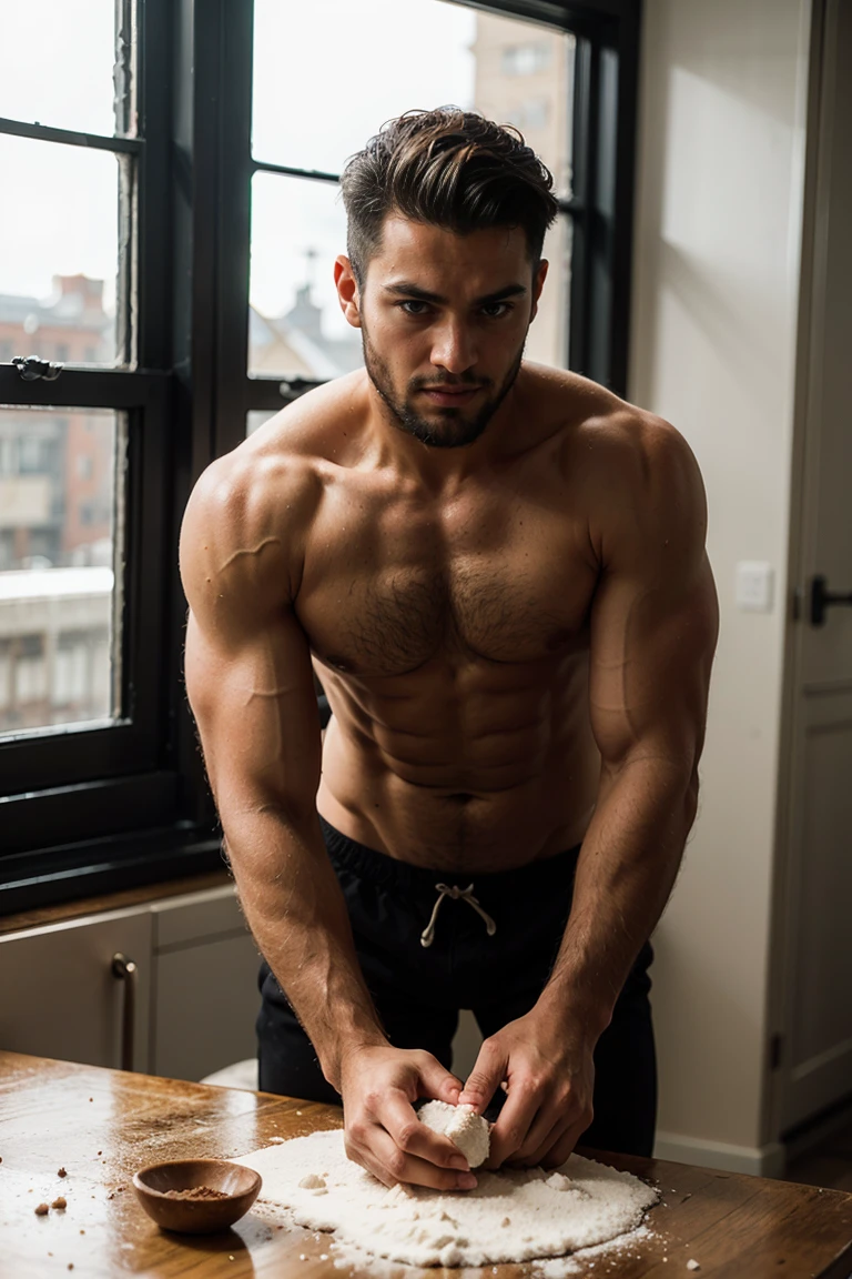 Real image of a latin model man with short black hair athletic body, short beard, kneading a dough on a table with flour. window light.