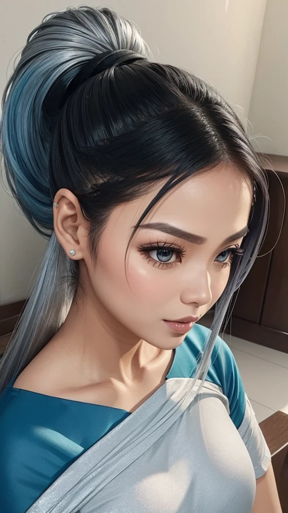 1 wanita, 35 tahun, rambut ponytail berwarna silver, bermata biru, tubuh milf dengan pakaian pelayan,