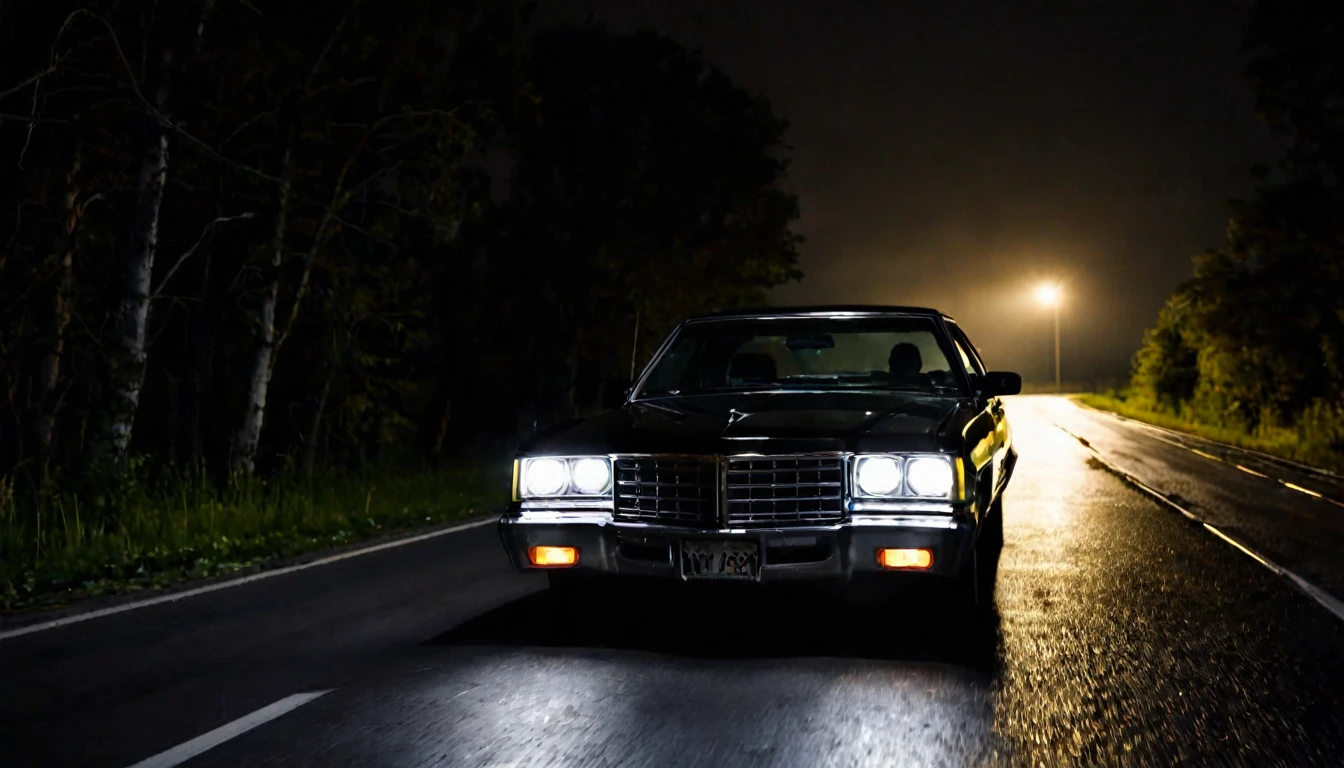 car on the road, view from the front, headlights on, dark night, sinister