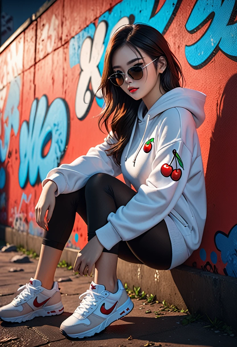 (RAW photo, 4k, realistic, ),masterpiece,best quality,unity 8k wallpaper,ultra detailed,cinematic look,natural skin texture,cinematic angle,Fujifilm XT3,(highlydetailed),(detailed lighting),(contrast),(mysterious atmosphere),vivid illumination,harmonious composition,immersive atmosphere, stunning visuals
1girl,Hd,8k,1 pair of sunglasses, hoodie with cherry logo, sneakers,Human focus, outdoor,White clouds, graffiti wall,