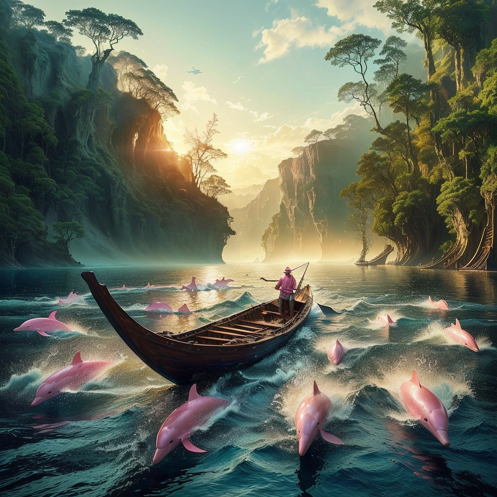 there are many pink dolphins swimming in the water near a man in a boat, fantasy scene, beautiful digital artwork, realistic fantasy photography, epic surrealism 8k oil painting, surreal and fantasy art, lost in a dreamy fairy landscape, dreamy scene, surrealistic digital artwork, surreal scene, stunning photo real concept art, fantasy.tribal boat, realistic fantasy render