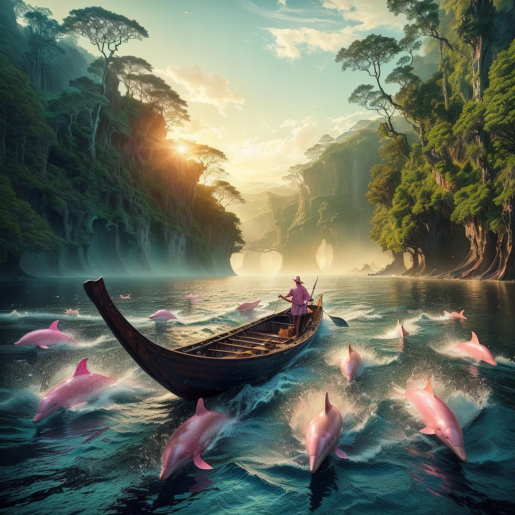 there are many pink dolphins swimming in the water near a man in a boat, fantasy scene, beautiful digital artwork, realistic fantasy photography, epic surrealism 8k oil painting, surreal and fantasy art, lost in a dreamy fairy landscape, dreamy scene, surrealistic digital artwork, surreal scene, stunning photo real concept art, fantasy.tribal boat, realistic fantasy render
