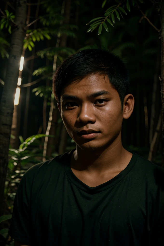 photo depicting an Indonesian young man in the middle of the forest at night, with scary themes and writing