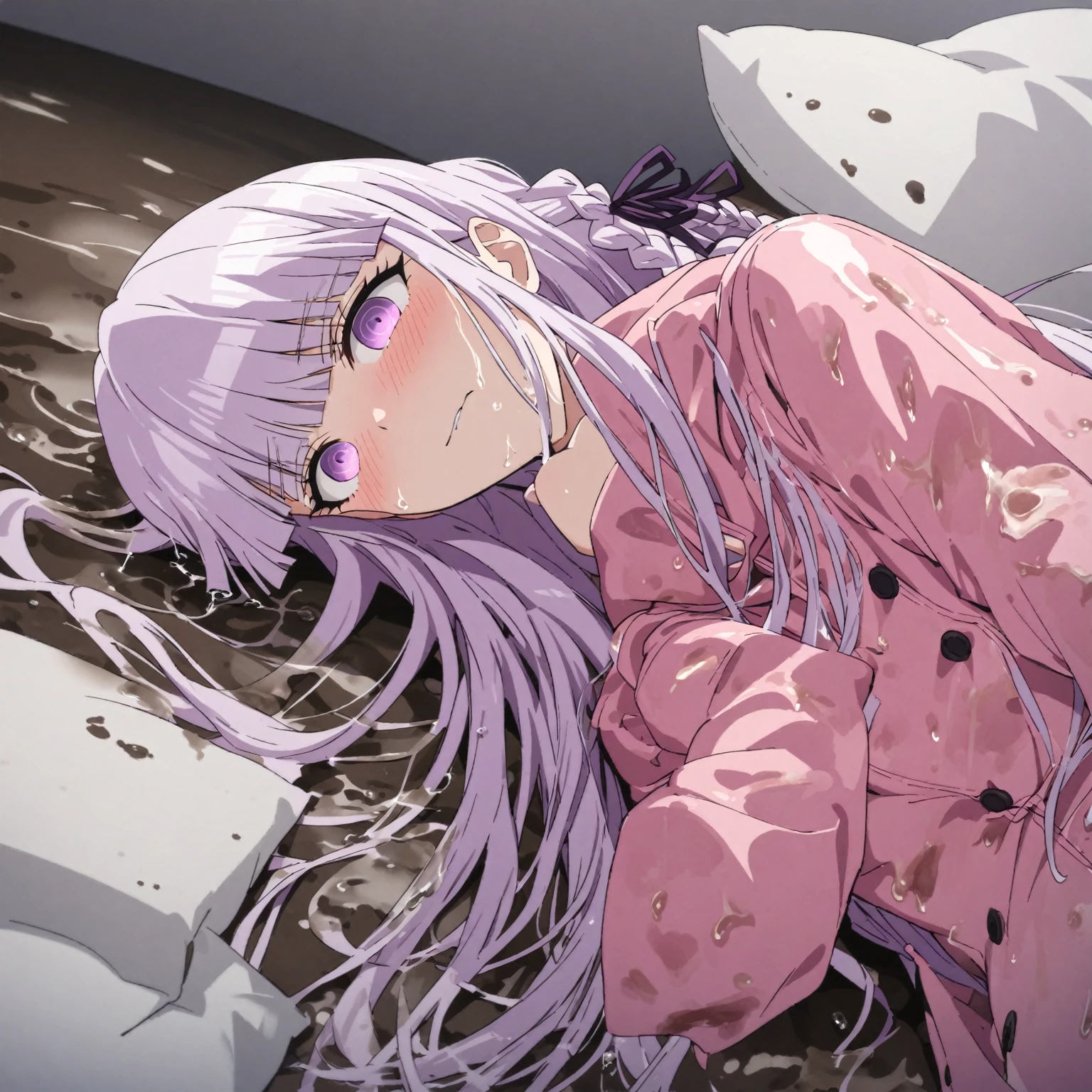 (masterpiece)), ((best quality)), (ultra-detailed), wallpaper, highest quality, ((an extremely delicate and beautiful)), 1girl, (illustration), (dynamic angle), cowboy shot, (((kyoko kirigiri))), long light purple hair, focus on eyes, (((shiny pink raincoat))), ((((((mud dripping on clothes)))))), ((((((mud splattered on clothes)))))), ((((((smearing mud on raincoat)))))), ((((((drenched in mud)))))), buttoned raincoat, detailed eyes, black pleated skirt, looking up at viewer, laying on bed, bedroom, white sheets, white pillows, embarrassed expression, blushing, shy, perfect anatomy, kyouko kirigiri, long hair, bangs, ribbon, purple eyes, hair ribbon, purple hair, braid, single braid, side braid