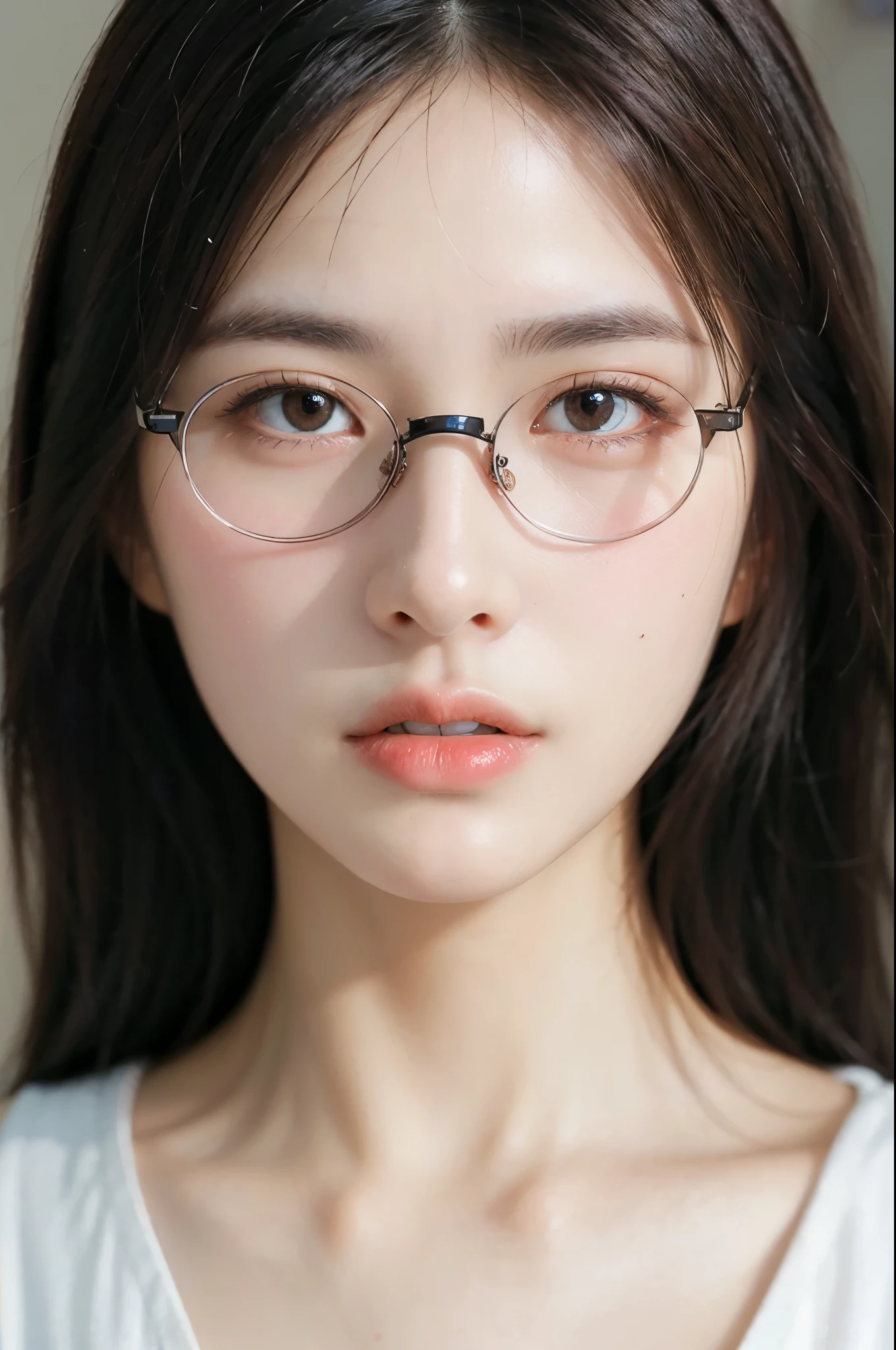 Beauty,wear glasses,close up,Exquisite and accurate facial features,The eyes are sharply focused,Black vest,Long hair,8K,Best quality,High Definition,Super Fine,Hyperrealism,Photo effects,Rich in details,Meticulous portrayal