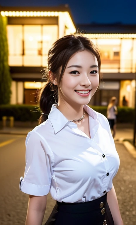 (A gorgeous Japanese office lady, 22, wearing formal office attire, short-sleeve white shirt with collar and buttons, grey pencil mini-skirt, walking in town at midnight, friendly and kind expression, gentle smile, dimpled chin, cute snaggle-tooth, short hair ponytail, symmetrical face, beautiful detailed face, bright_and_full_of_warmth_eyes, detailed eyes, ample round bosom, photorealistic, hyper-realism, high contrast, ultra HD, realistic skin textures, top image quality, top-quality, super high resolution, fine details, very meticulously, masterpiece, head to knees, the Cowboy shot, romantic atmosphere, bokeh night background)
