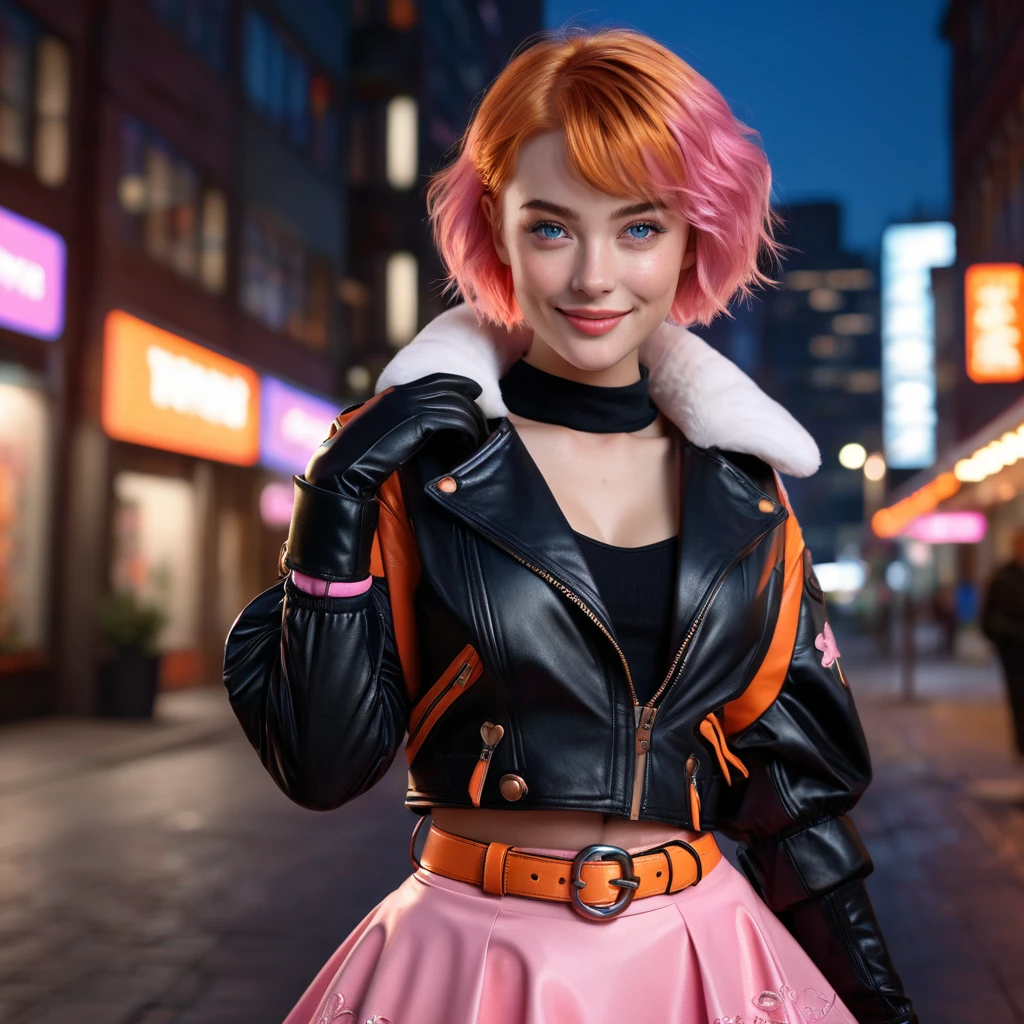 1girl,cowboy shot, beautiful nora_valkyrie, looking at viewer, smile, short hair, blue eyes,heart cutout, gloves, jacket, pink skirt, pink belt, short sleeves, puffy sleeves, single armband, fingerless gloves, orange hair, pink gloves, dynamic pose, night, outdoors, city, (volumetric lighting), best quality, masterpiece, intricate details, tonemapping, sharp focus, hyper detailed, trending on Artstation,
