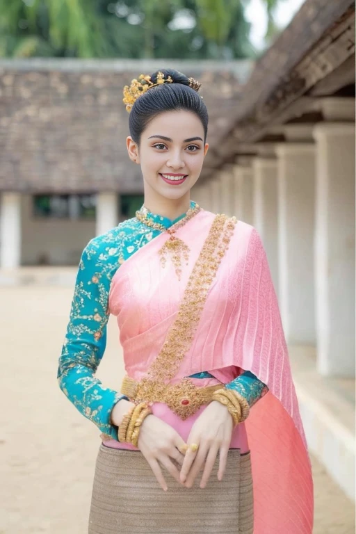 Aarav woman in a gold dress, with a gold crown and a gold necklace., Dilraba Dilmurat, Beautiful Fantasy Empress, traditional beauty, beautiful female princess, Southeast Asia that has existed for a long time, ((Beautiful Fantasy Empress)), Princess of an ancient Asian dynasty, Chinese princess, Thai girl anime, Southeast Asians with round faces, Nivan Chandra, Aarav&#39;s woman in a golden dress stands in front of the building., Sukhothai dress, Dilraba Dilmurat, traditional beauty, Wear elegant clothes, traditional this tradition, Wear luxurious clothes, this tradition, Traditional clothing, Thai girl anime, traditional outfit, According to Thawan Duchanee&#39;s style, Wear a luxurious silk dress, Thai art, Traditional clothing สาวเอเชียที่สวยงาม,stereoscopic 8k,45 high quality colored lights,000,000,000 pixels, photo, post-trade photo, animation, beautiful portrait