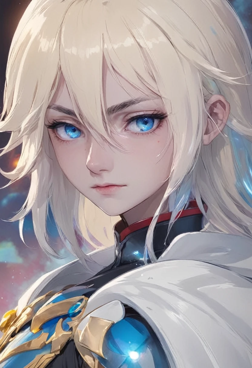 Seraphim,((male)), adult male, fluffy shoulder-length hair, white platinum blonde, ((heterochromia)), ((One eye — yellow)),((other eye — blue)), ((long square face)), thin lips, ((two strands of different shades of blue and red), ((tired eyes with small bruises)),((scar along the face from lip to middle of cheek)), ((ultra quality)), ((8k)), detailed,Realistic, ((realistic style)),a scar in the middle of the face, a scar on the face, a scar on the lip. 