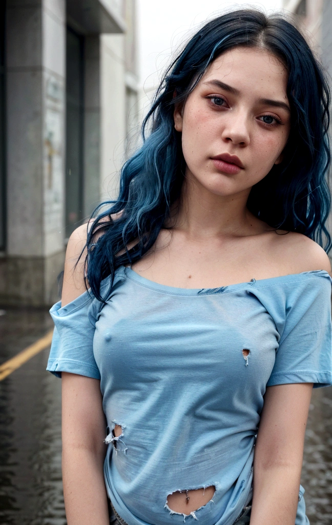 1girl, face, wavy-loose hair, sad expression, blue hair, rouge skin, close up shot, thirty degrees left view, matches stick in the lips, bare shoulder, tattered t-shirt, ((rip clothes 1.8)) tight t-shirt, dark   t-shirt((torn t-shirt 1.6)), rain fall, wet, (super accurate 1.2)