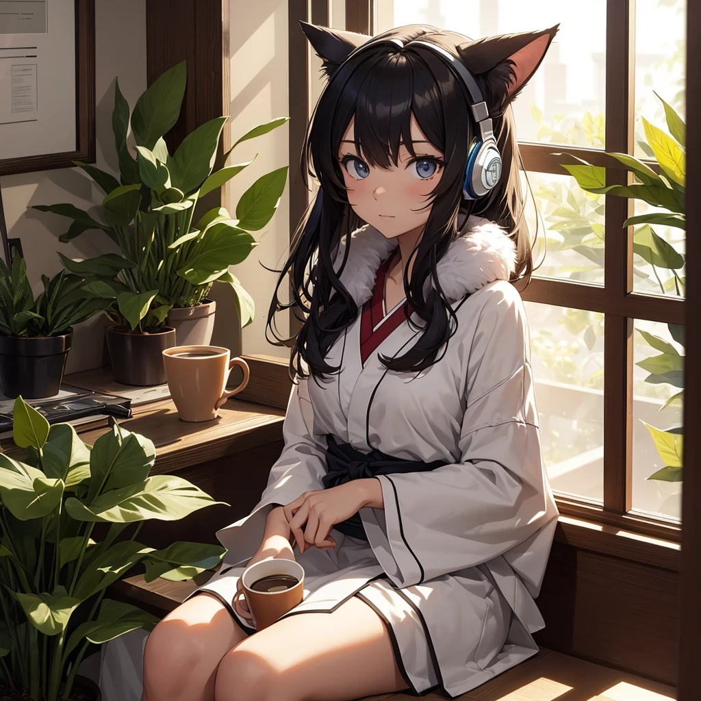 Generate an 8K image of a Japanese anime girl sitting by a window. The girl should be shown from the chest up and have a cup of coffee in her hand. She should be wearing headphones and glasses, and her gaze should be directed towards the window. Include a cat sitting beside her and a potted plant on the windowsill. Pay attention to the details and textures, such as the girl's hair and clothing, as well as the fur of the cat and the leaves of the plant. Use vibrant colors and lighting to create a cozy and inviting atmosphere.
