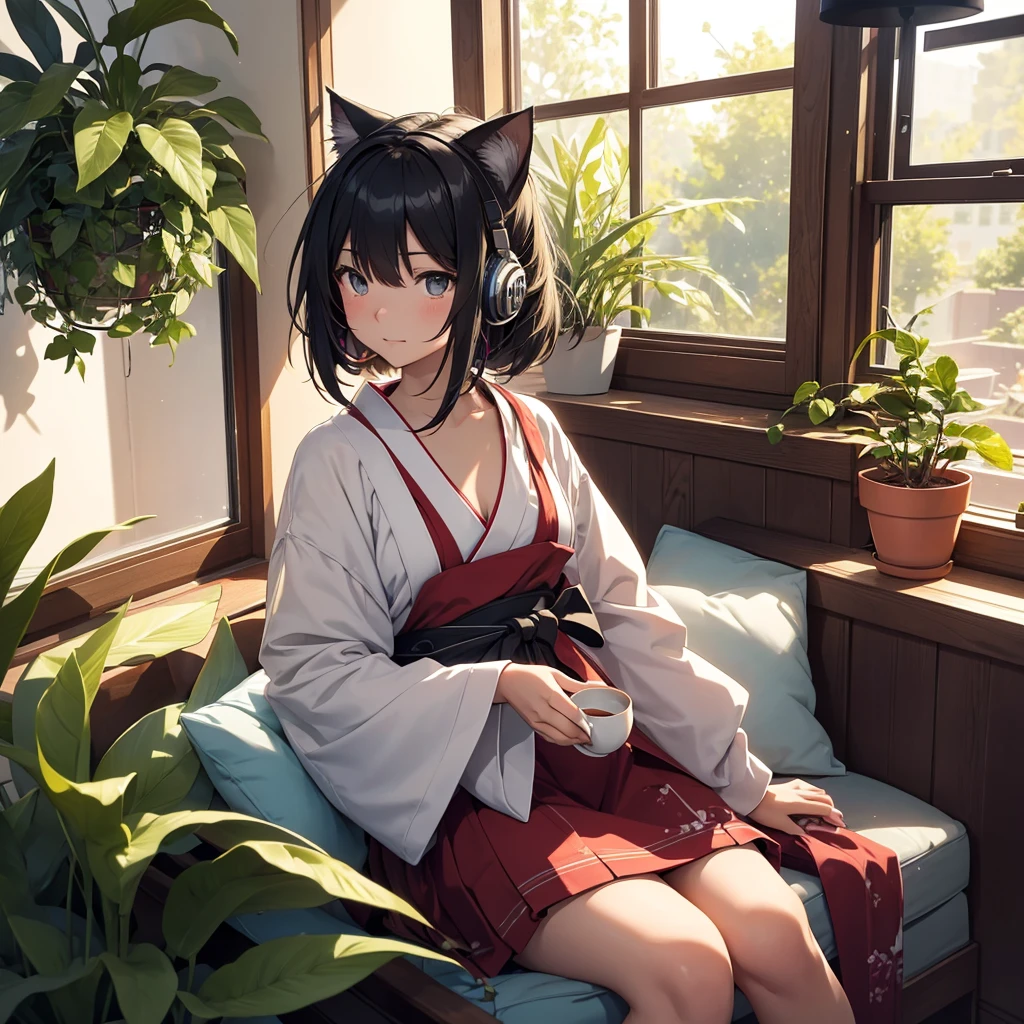 Generate an 8K image of a Japanese anime girl sitting by a window. The girl should be shown from the chest up and have a cup of coffee in her hand. She should be wearing headphones and glasses, and her gaze should be directed towards the window. Include a cat sitting beside her and a potted plant on the windowsill. Pay attention to the details and textures, such as the girl's hair and clothing, as well as the fur of the cat and the leaves of the plant. Use vibrant colors and lighting to create a cozy and inviting atmosphere.