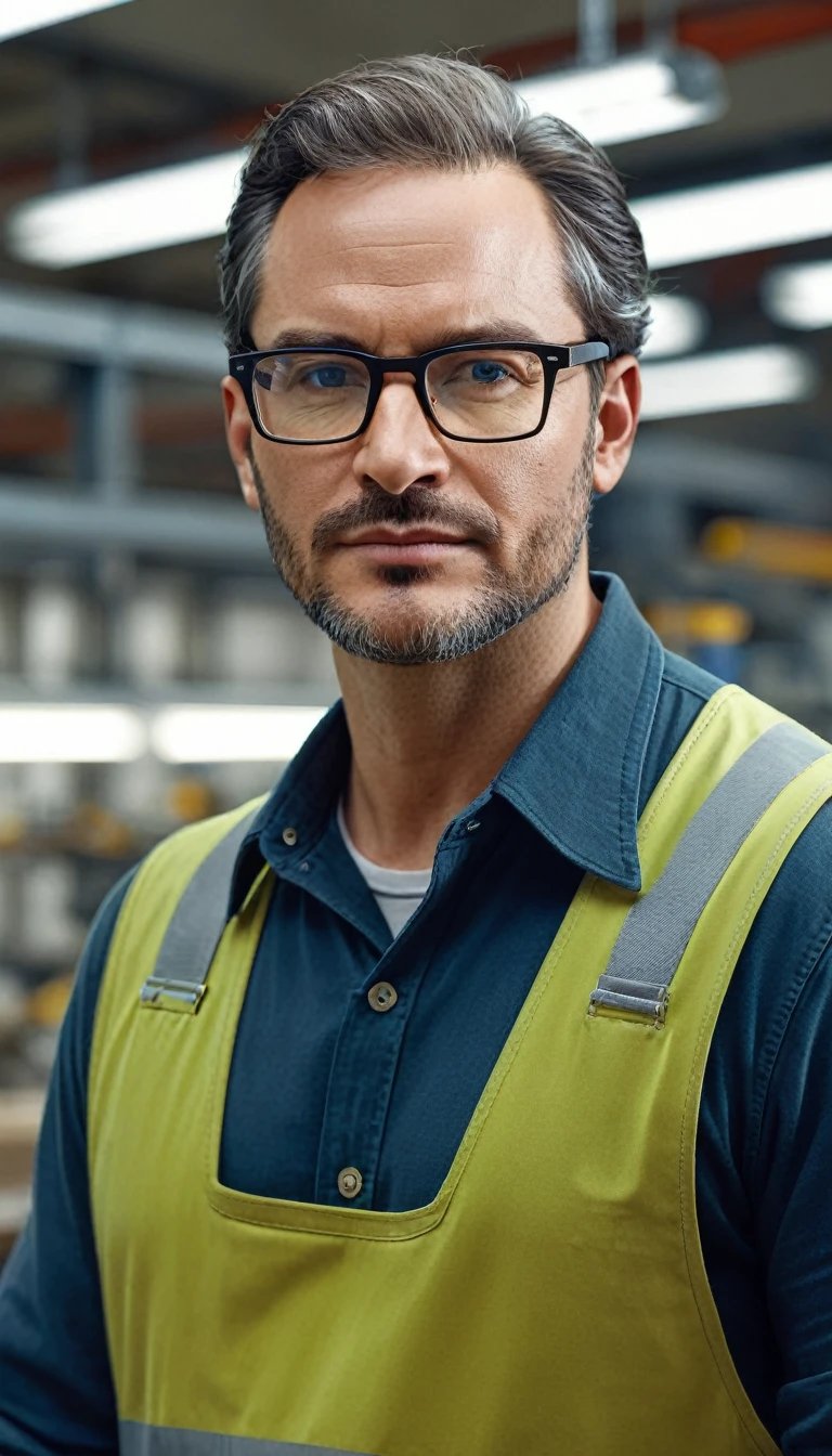 ((Top Quality)), ((Photorealistic)), A man wearing glasses, worker, in a factory