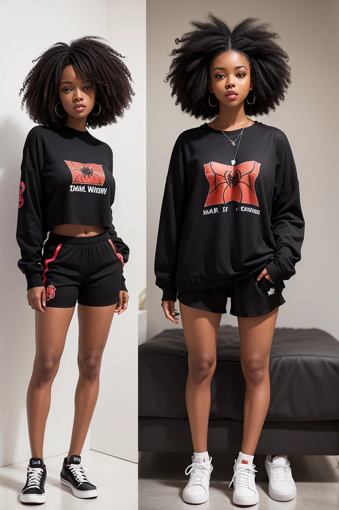 Black woman with curly hair wearing Spider Woman clothing, top and bottom, black shorts with All Star shoes, black people's hairstyle and baby hair