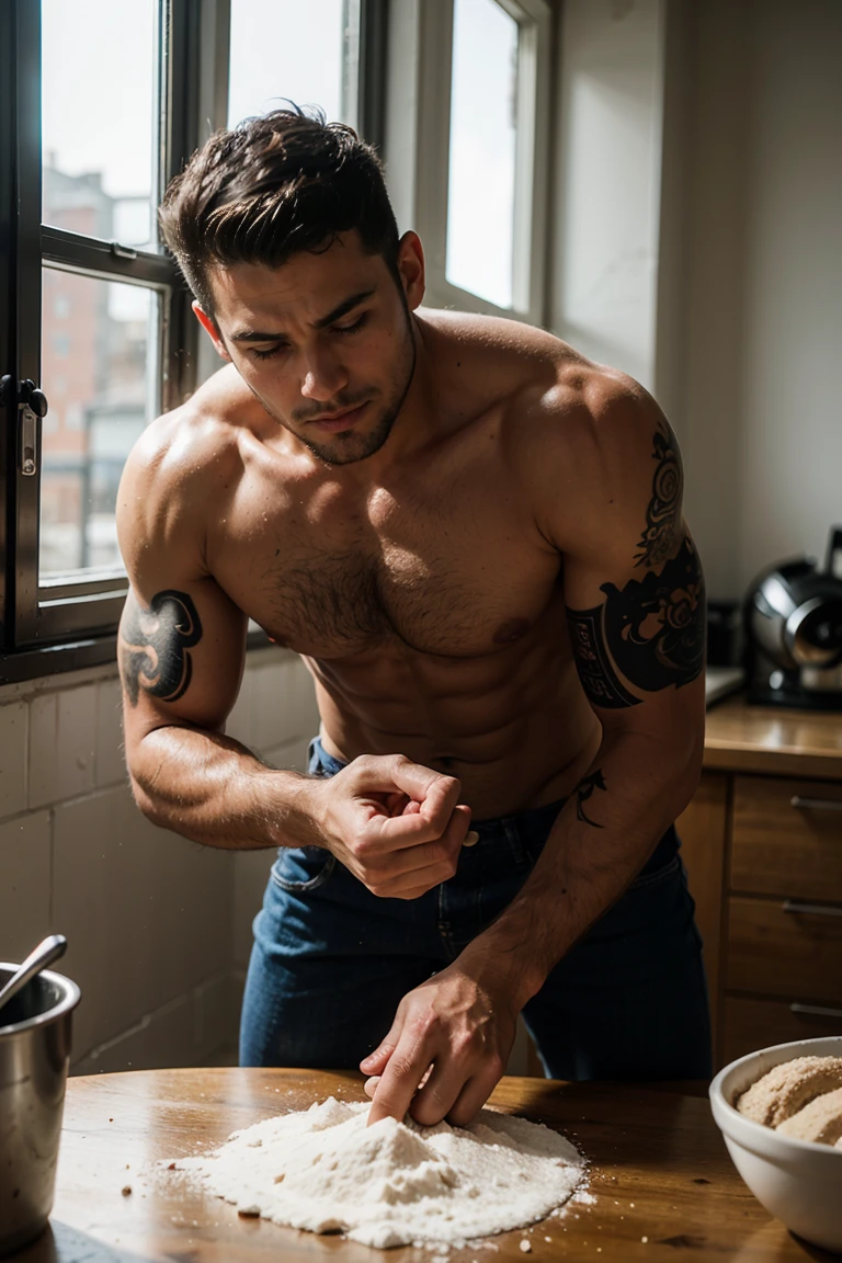 Real image of a latin model man with short black hair athletic body, short beard, no shirt, Jean Pants, kneading a dough on a table with flour. window light.