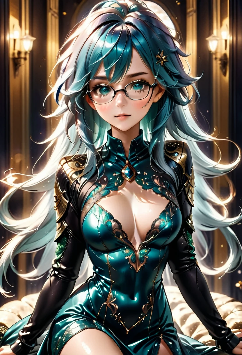 a picture of a spy using glasses to take pictures, an elegant, exquisite beautiful female spy, dynamic hair color, dynamic hair style, (wearing elegant intricate details glasses: 1.3), dynamic color glasses, dynamic style glasses, information reflected in the glasses, she wears an elegant, intricate detailed dress, silk dress , small cleavage, she wears elegant knee high heeled boots, exquisite knee high heeled boots, Vibrant, Ultra-high resolution, High Contrast, masterpiece:1.2, highest quality, Best aesthetics), best details, best quality, highres, ultra wide angle, 16k, [ultra detailed], masterpiece, best quality, (extremely detailed), Genetically modified..., Cinematic Hollywood Film