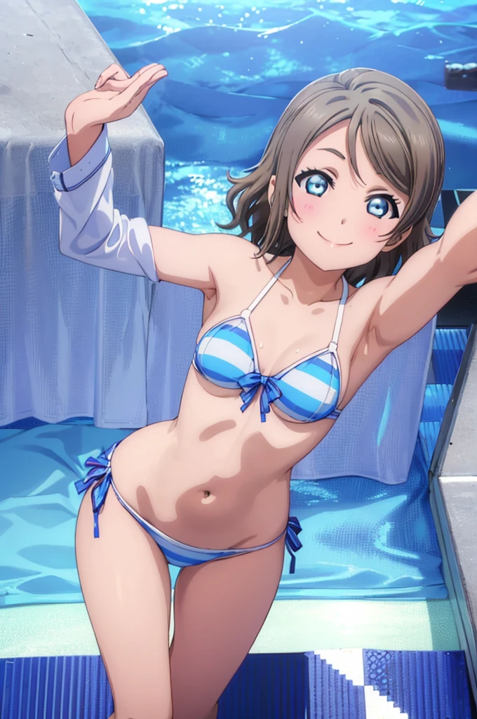 (((pixel-perfect, detail-perfect))), solo, 1girl, you watanabe, eyes azzur, smile, bikini, summer beach, armpit, big filesize, ultra High Qality