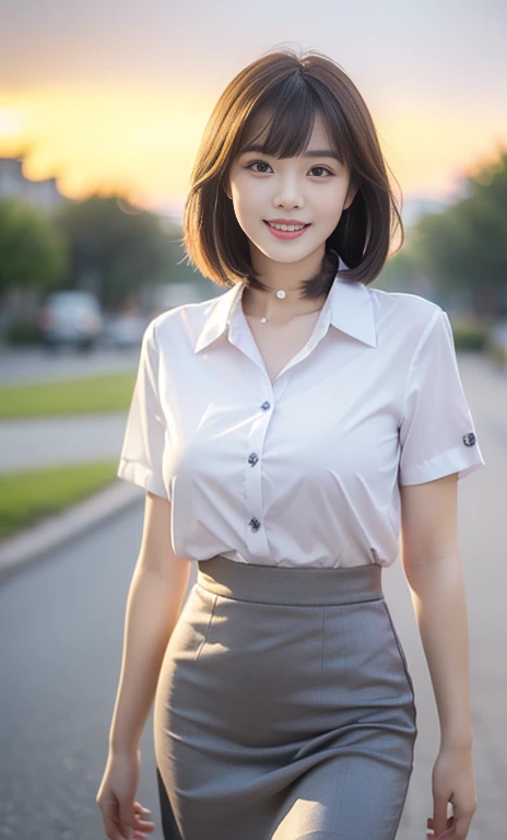 (A gorgeous Chinese office lady, age 22, wearing formal office attire, short-sleeve white shirt with collar and buttons, grey pencil skirt, walking in a sunset, friendly and kind expression, gentle smile, dimpled smile, cute snaggle-tooth, Korean Bob Haircut Side-Bangs-Sophistication, symmetrical face, beautiful detailed face, bright_and_full_of_warmth_eyes, detailed eyes, ample round bosom, photorealistic, hyper-realism, high contrast, ultra HD, realistic skin textures, top image quality, top-quality, super high resolution, fine details, very meticulously, masterpiece, head to knees, the Cowboy shot, romantic atmosphere, bokeh night background)