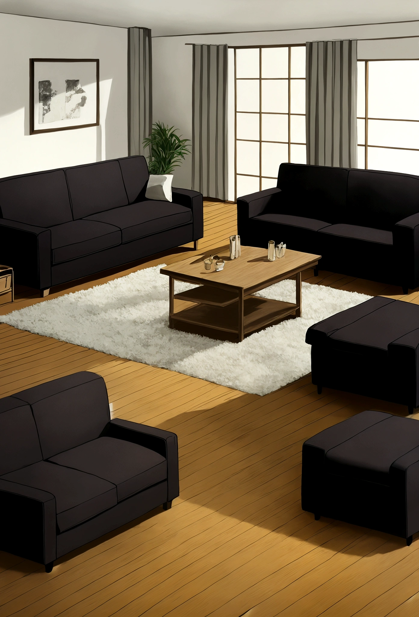 a photo of a modern black leather couch with brown and beige pillows in the corner of an empty living room, wooden floors, large abstract art on the wall above the sofa, a small dark gray rug with tan and white stripes in front of the coffee table, door to right side, no windows, taken from eye level, no perspective, phone camera quality, 8k, super detail, best quality