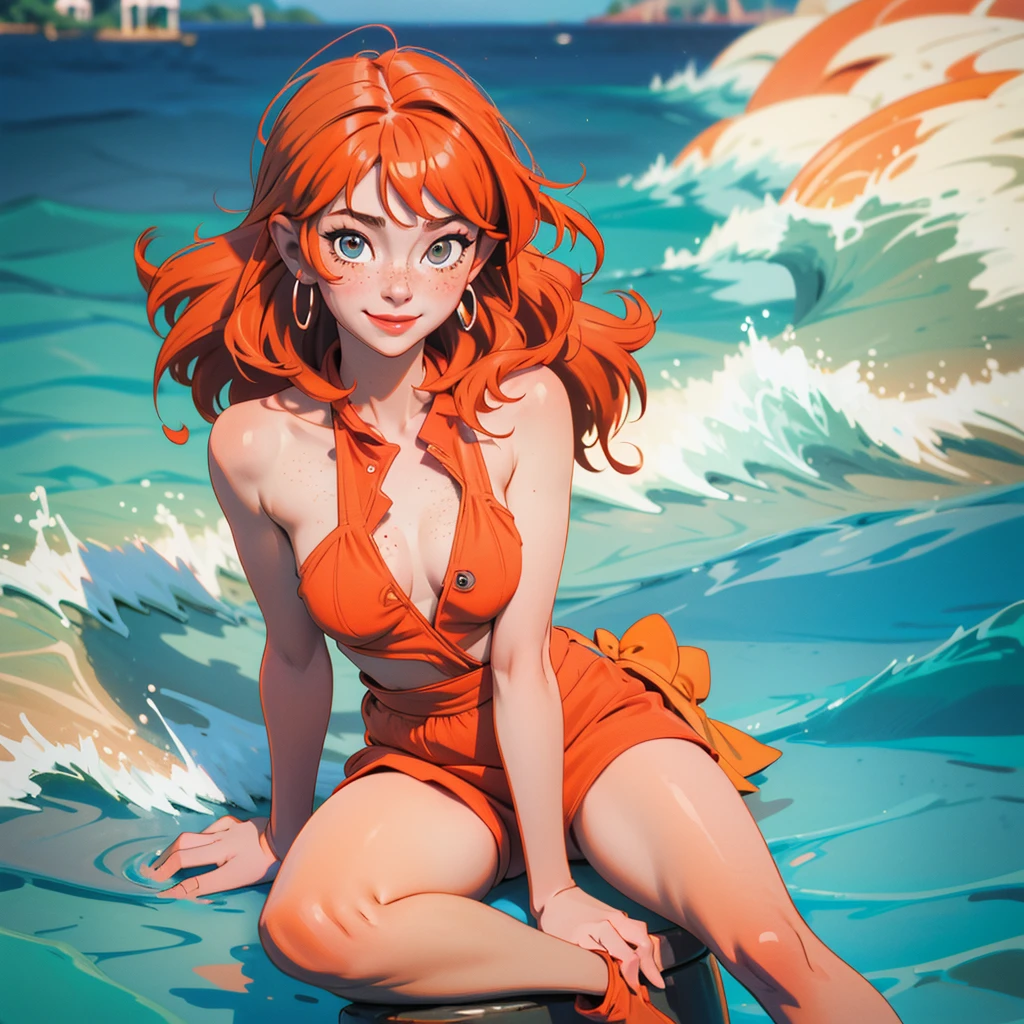 (best quality, masterpiece, 8k), 1girl, paw pose, smile, laughing, happy, ocean, (naked, spread legs), orange nuance hair, freckles, blush, looking at viewer, wavy hair, short red hair,