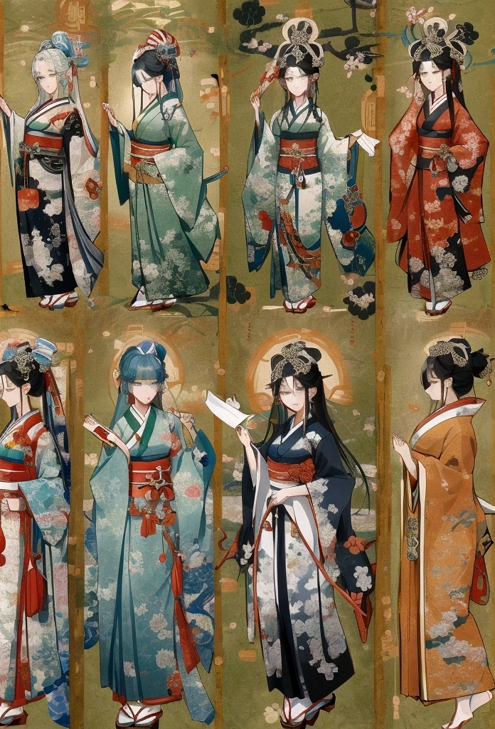 Create an outfit for priests in a society inspired by ancient Japan with Greek clothing influences. The attire should be ceremonial and reflective of their spiritual status, using shades of green and incorporating triangular motifs in the embroidery and patterns. Blend elements of Greek robes with Japanese religious garments, featuring flowing fabrics and intricate details. Accessories should include prayer beads, sashes, and symbolic jewelry. The design should convey a sense of reverence, honor, and spiritual authority, suitable for their role in the society. reference sheet, character chart, three sided view, high details, high quality, highres, anatomically correct