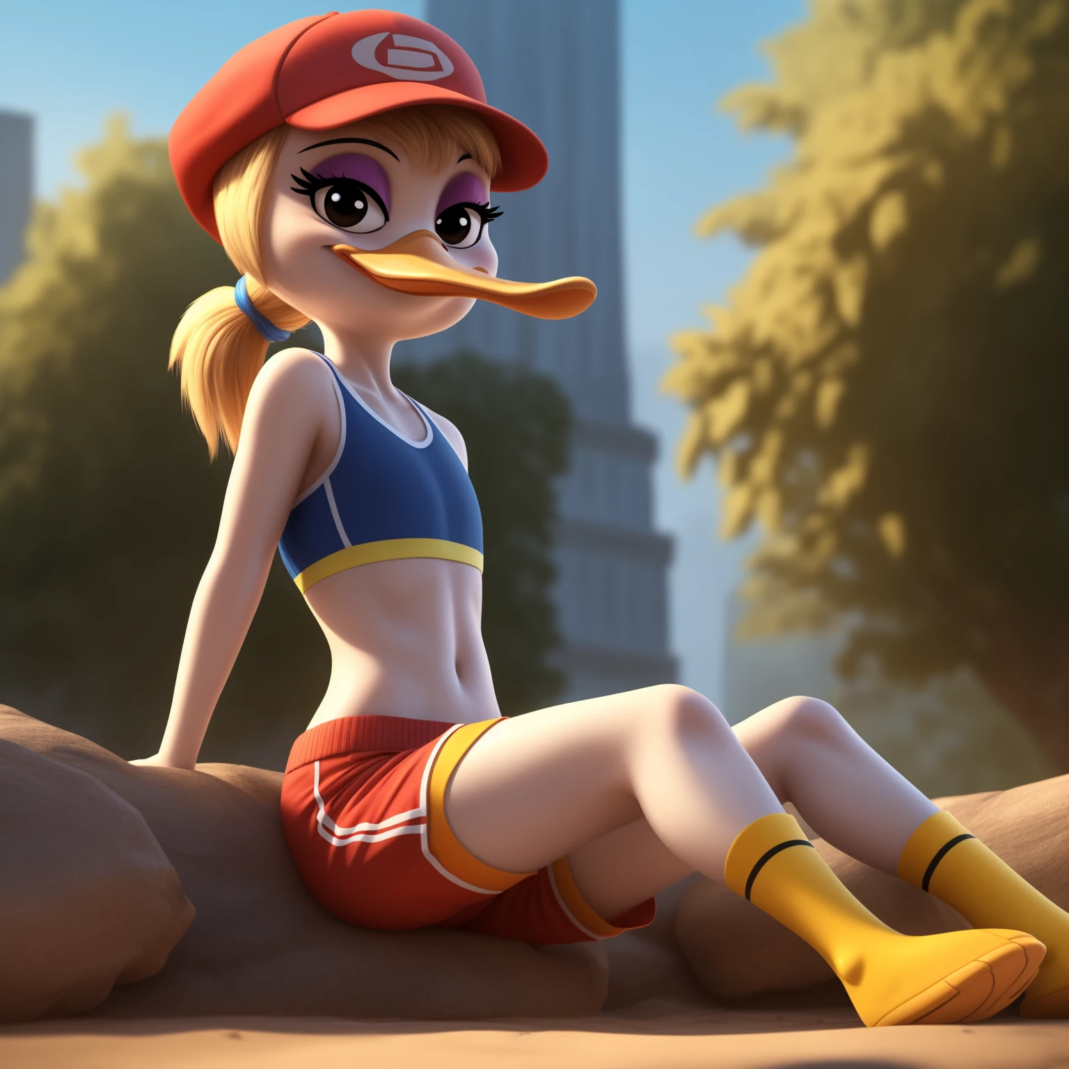 photorealism, adult female duck, Ginger Duck, detailed background, cartoon, outside, eyeshadow, cartoon beak, front long white hairstyle, back long white ponytail hairstyle, cartoon, (flat chested), (cartoon yellow legs: 1.3), smiling, ducktales 2017, mouth closed, cartoon webbed feet
wear yellow sports bra, skinny yellow shorts, intricate, detailed, wears red and yellow cap hat, (sitting close with viewer)
simple black eyes, detailed, intricate, long skinny torso 1.3,
Best quality, (detailed white skin:1.4), (looking at the, 8k hd, (soft cinematic light:1.1) ,