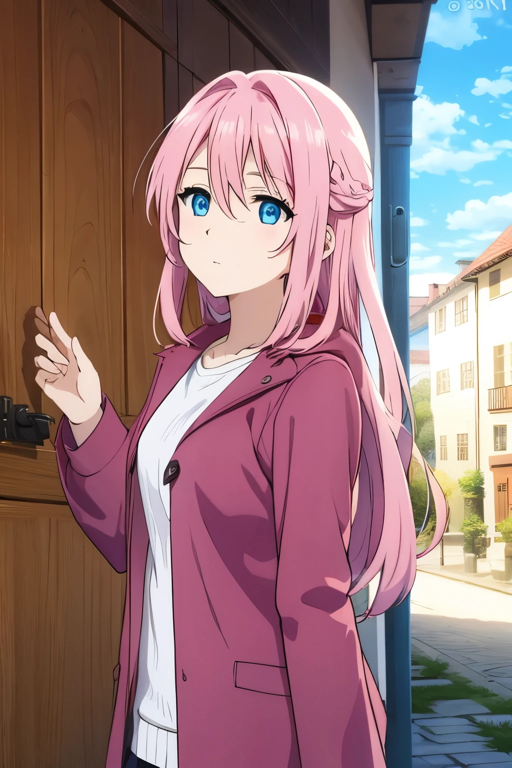 Long Pink hair, blue eyes, normal clothes