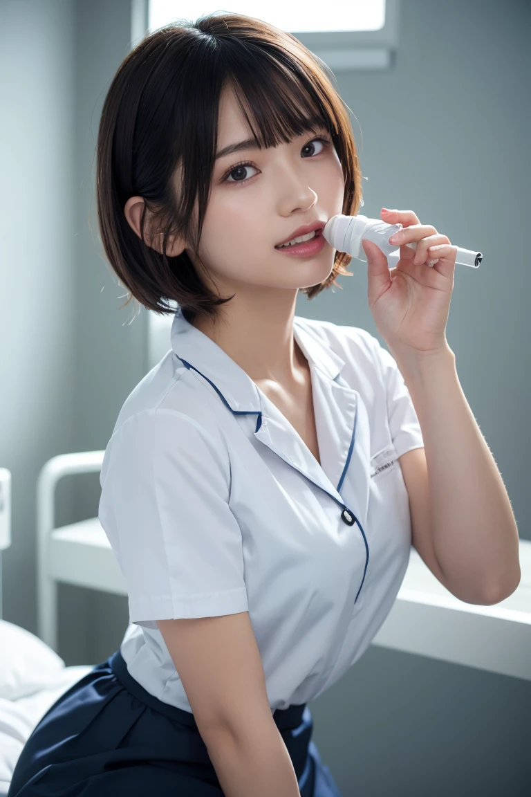1 Girl,(Wearing white nurse clothes:1.2),(RAW Photos, Highest quality), (Realistic, photo-Realistic:1.4), masterpiece, Very delicate and beautiful, Very detailed, 2k wallpaper, wonderful, finely, Very detailed CG unity 8k wallpaper, Very detailedな, High resolution, Soft Light, Beautiful detailed girl, Very detailed eyes and face, Beautiful and detailed nose, finely beautiful eyes, nurse, Perfect Anatomy, Black Hair, Upstyle, nurse uniform, Long skirt, nurse, White costume, thin, hospital, clear, White Uniform, hospital room, Neck auscultation,Bobcut、Flip up the skirt、20th Generation、smile、手でペニスをGiving a blowjob、Giving a blowjob