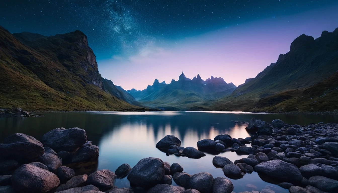 a peaceful dark landscape, a woman in yoga clothes meditating on the edge of calm lake with rocks and mountains, (best quality,4k,8k,highres,masterpiece:1.2),ultra-detailed,(realistic,photorealistic,photo-realistic:1.37),dramatic lighting, moody atmosphere, serene, tranquil, atmospheric, cinematic, mountains silhouetted against a starry night sky, still water reflecting the sky, jagged rocks along the shore, lush greenery surrounding the lake, (cinematic lighting:1.2),(dramatic shadows:1.1),muted color palette, deep blues and purples